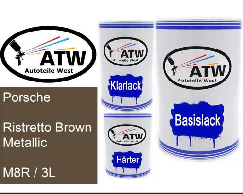 Porsche, Ristretto Brown Metallic, M8R / 3L: 500ml Lackdose + 500ml Klarlack + 250ml Härter - Set, von ATW Autoteile West.